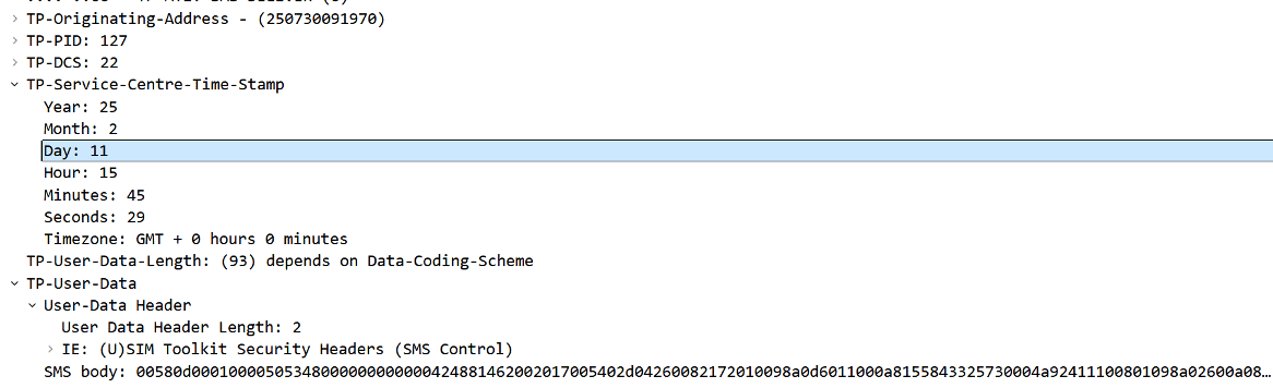 PCAP file of the attack SMS, containing the payload including S@T browser STK commands.
